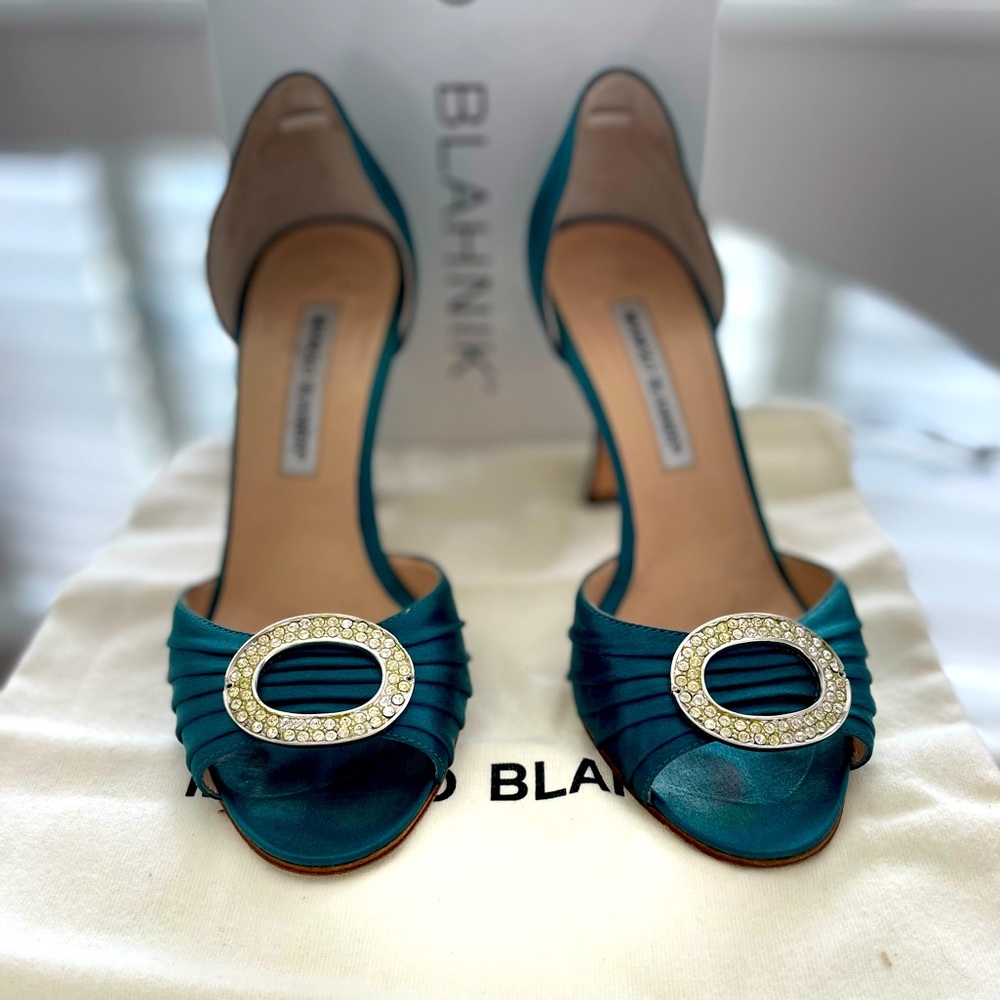 Manolo Blahnik Teal Satin Searaby